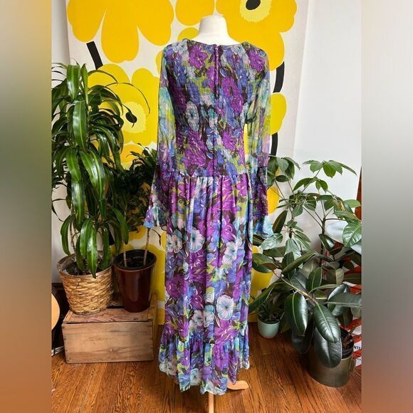 Dreamy 1960s 1970s Sheer Sleeve Smocked Flowy Flower Power Maxi Gown - Picture 10 of 13